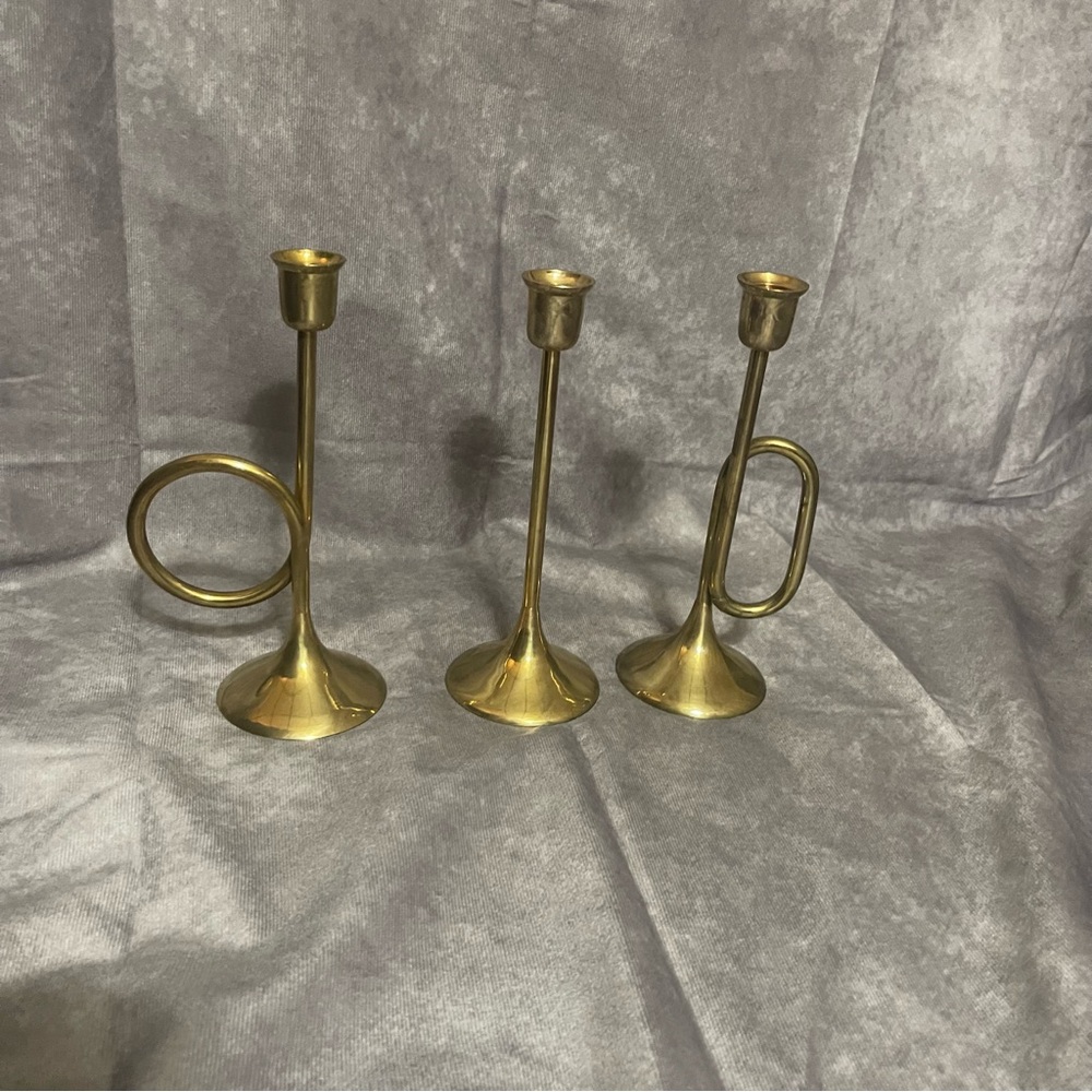 (3) Solid Brass Candlesticks Set Taper Vintage French Horn Bugle Trumpet - 8”
